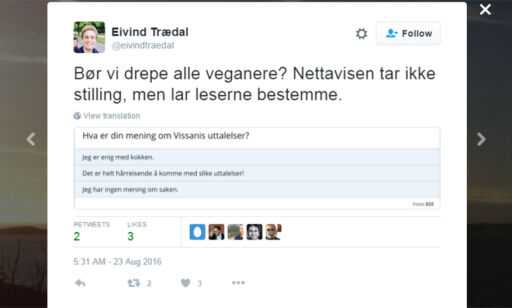 Nettavisen skrev at TV-kokk ville drepe alle veganere. Så spurte de om lesernes mening
