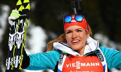 Gabriela Koukalova of Czech Republic reacts after the Women's 10 km pursuit race during the 2017 IBU World Championships Biathlon in Hochfilzen, on February 12, 2017. / AFP PHOTO / FRANCK FIFE